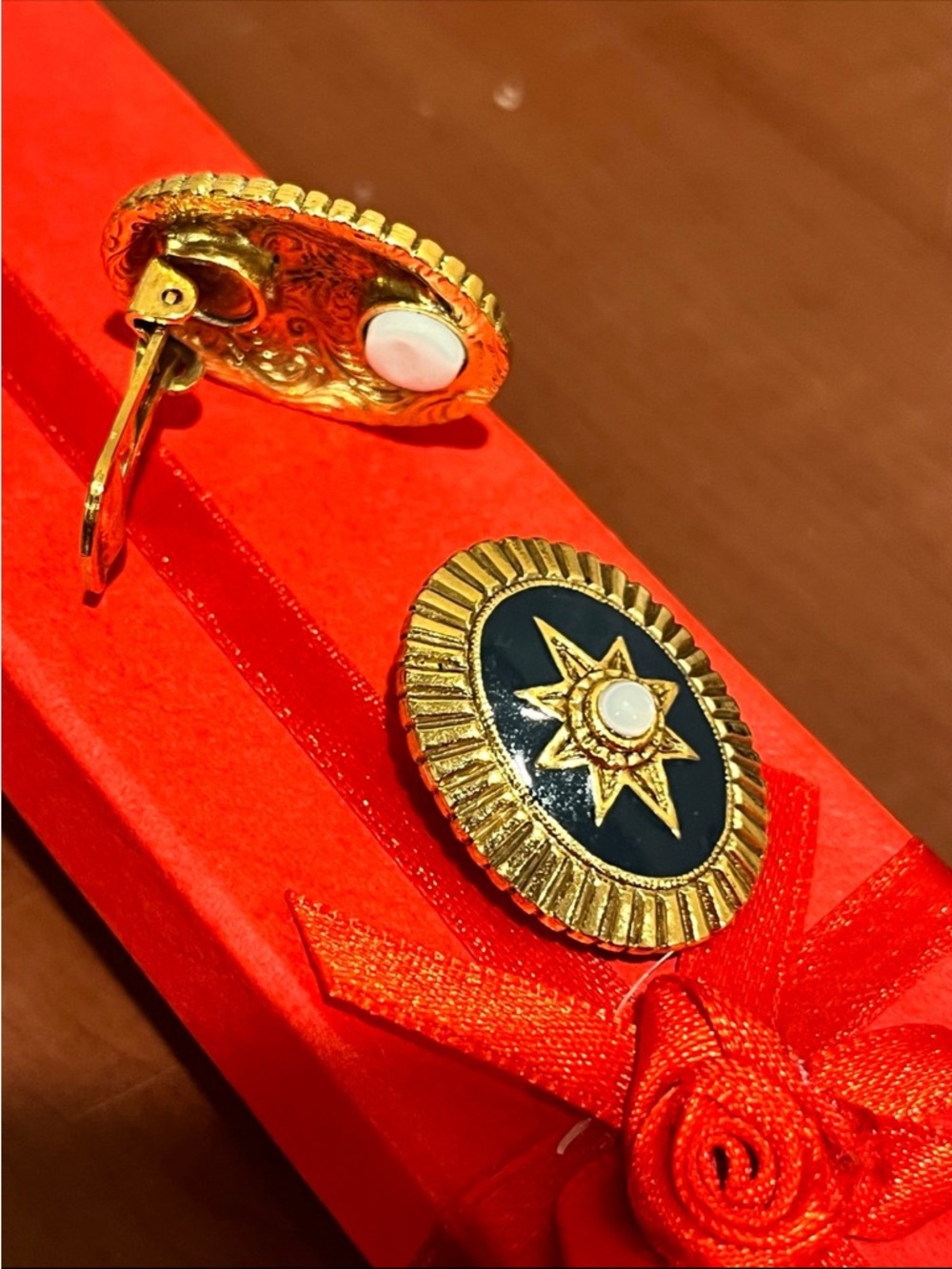 Gold-Tone Navy Starburst Clip-On Earrings with Pearl Accent